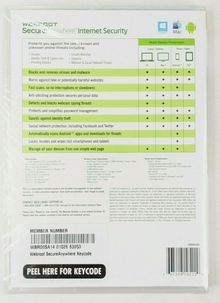 Webroot Secure Anywhere Internet Security 3 Devices for PC/MAC/Mobile NEW SEALED