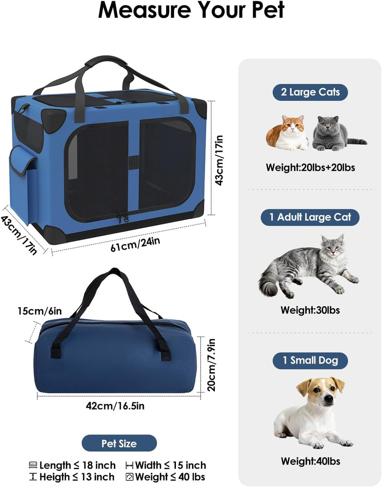 Extra Large Cat Carrier for 2 Cats, XL with Removable Divider, Foldable Soft-Sid