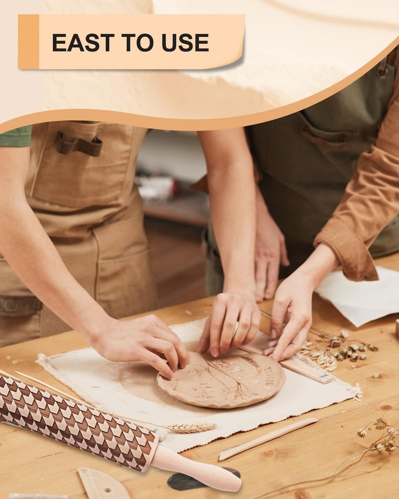 Clay Modeling Pattern Rollers Kit, Wooden Polymer Clay Texture Roller for Pot...