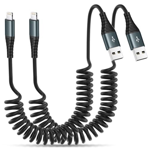 Coiled Lightning Cable 2 Pack MFi Certified Car iPhone Charger Cable，USB 3FT