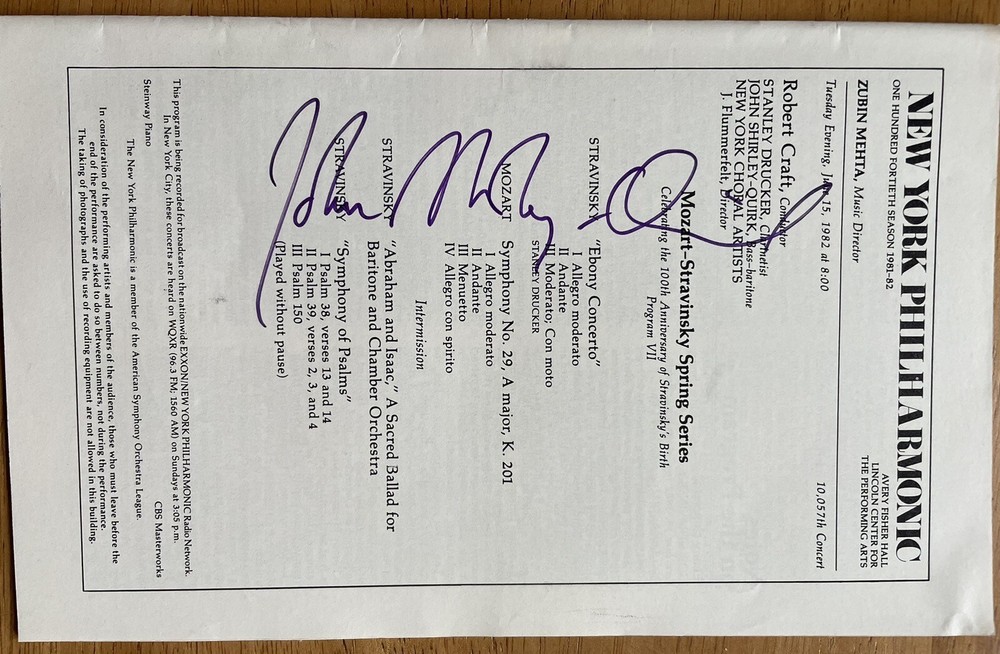 John Shirley-Quirk Autographed Program (New York Philharmonic)