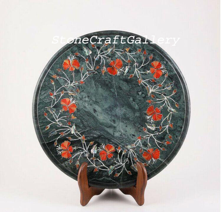 12" green marble Table Top semi precious stones art work