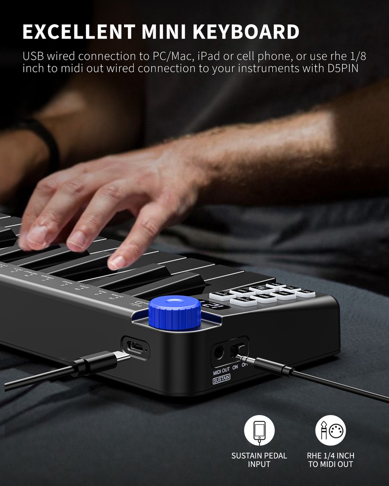 LEKATO 25 Key Keyboard Rechargeable Bluetooth MIDI Keyboard Controller Sensitive