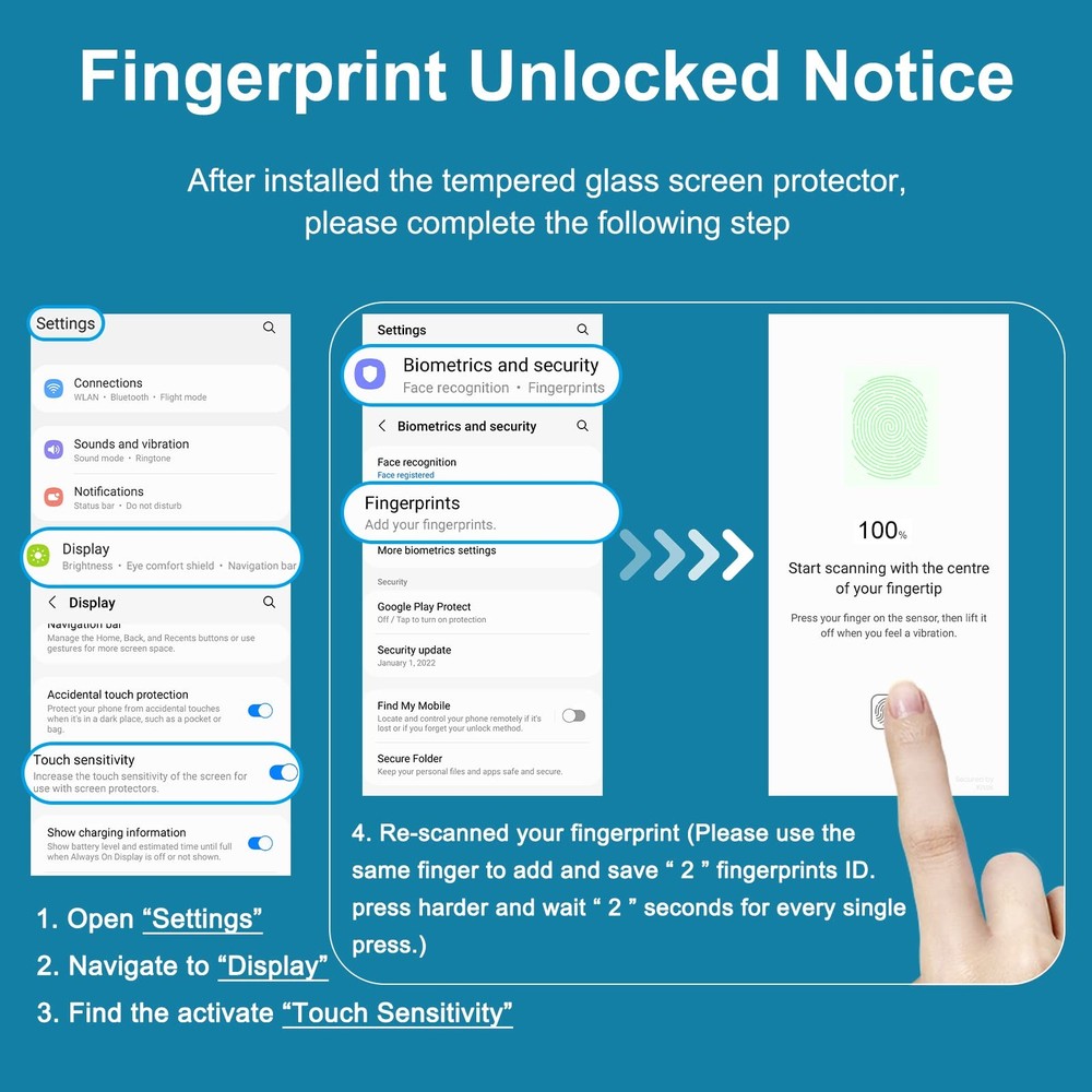 2+2 Pack for Samsung Galaxy S22 Plus Privacy Screen Protector Support Fingerp...