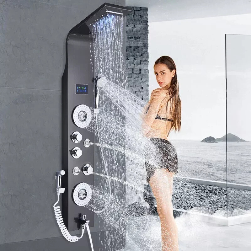 Stainless Steel Shower Panel Tower System LED Rainfall&Waterfall Massage Body