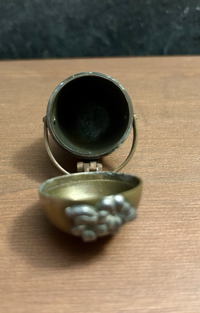 Victorian Brass Thimble Holder Sewing Egg 2" Silver Flowers Chatelaine 1880s
