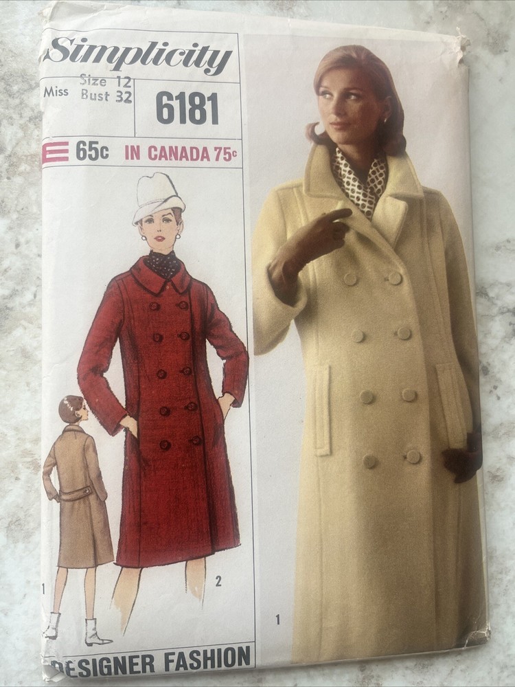 1965 vintage Simplicity sewing pattern- double breasted coat - size 12 bust 32