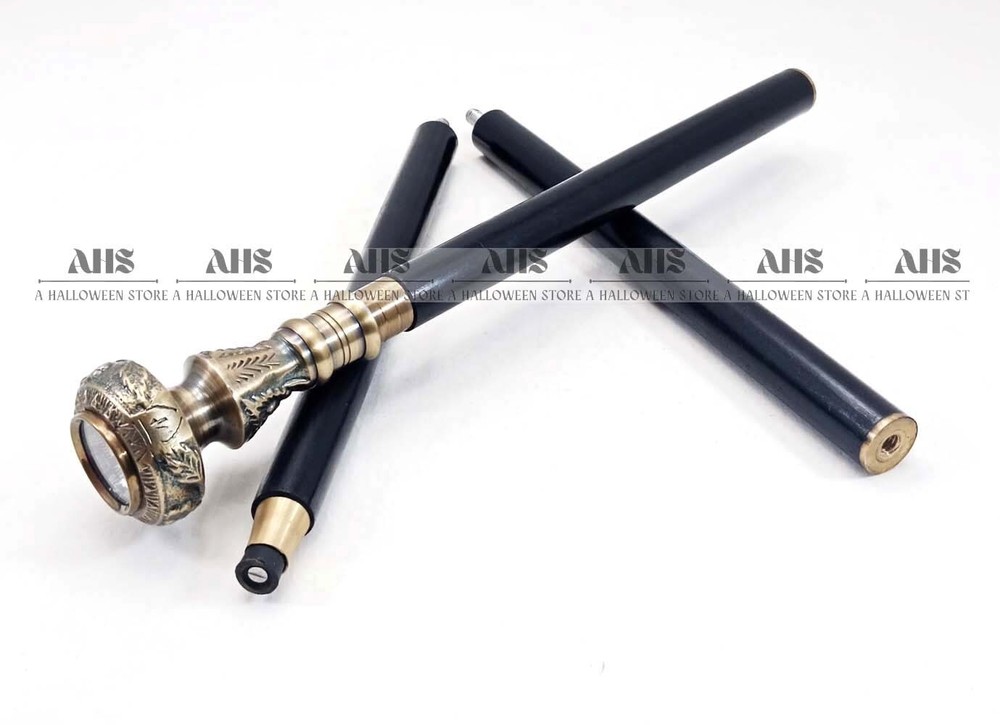 Vintage Style Solid Brass Compass on Head Handle Wooden Walking Stick Cane Gift