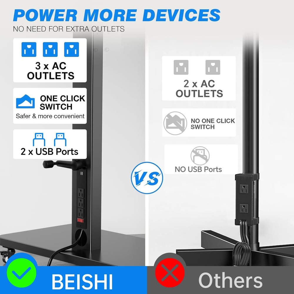 Mobile TV Stand with Power Outlet, Height Adjustable with Handle Stepless Lif...