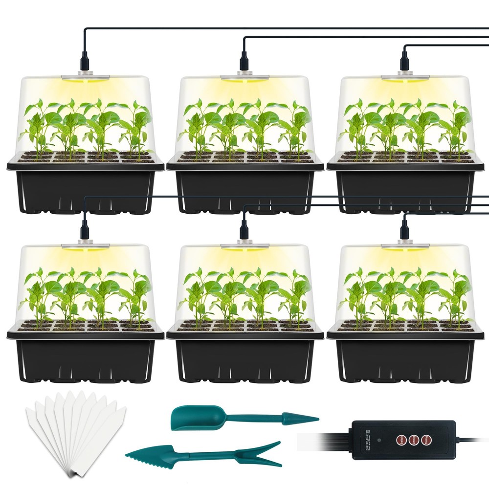 Seed Starter Tray W/ Grow Light Timing Controller & Humidity Dome 12 Cell 6 Set
