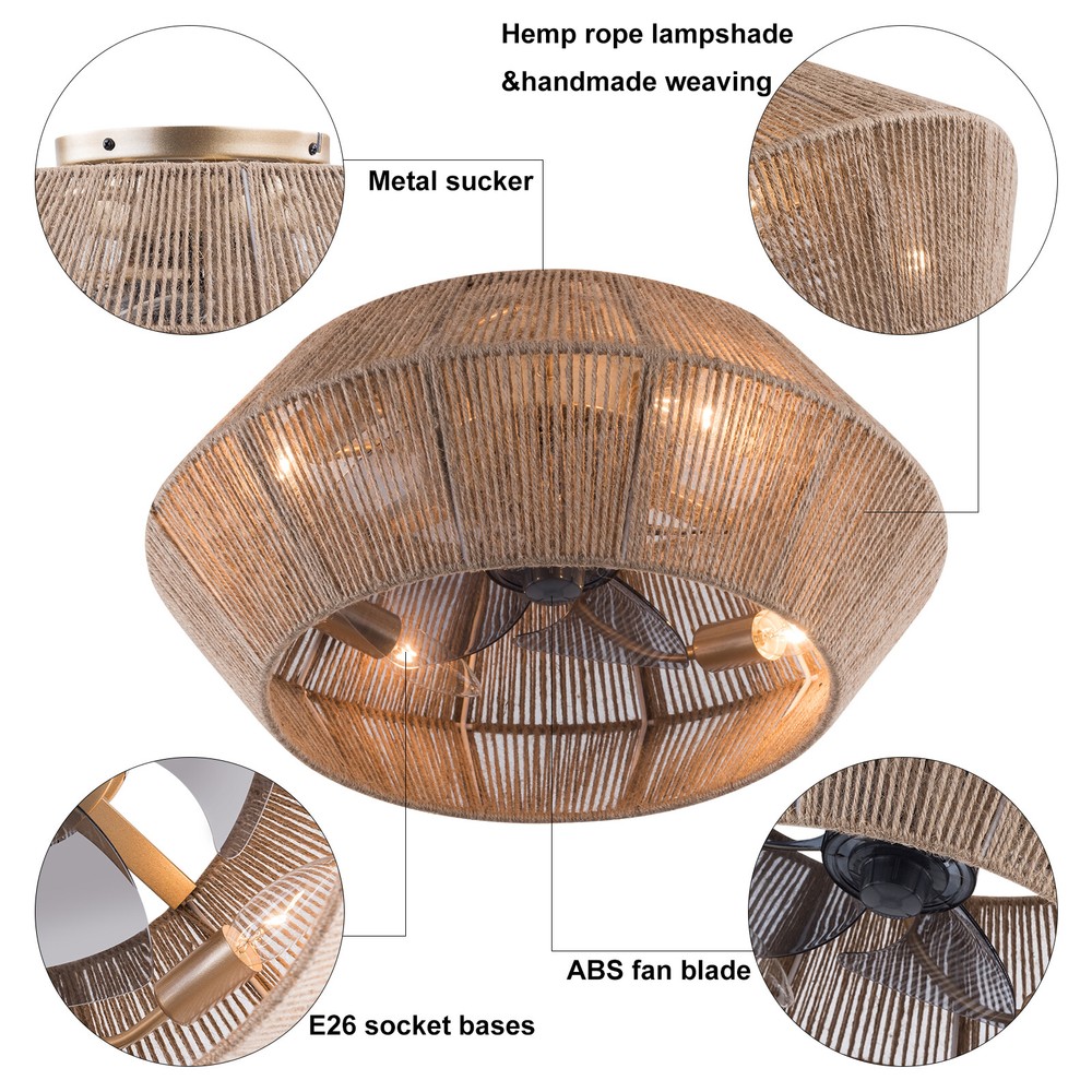 Boho Ceiling Fan Rattan Caged Flush Mount Fan Light +Remote Control Ceiling Fan