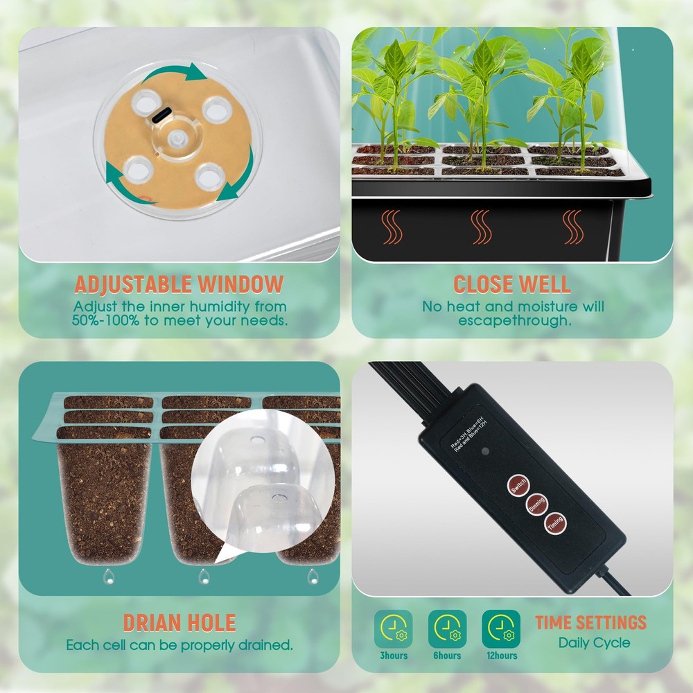 Seed Starter Tray W/ Grow Light Timing Controller & Humidity Dome 12 Cell 6 Set