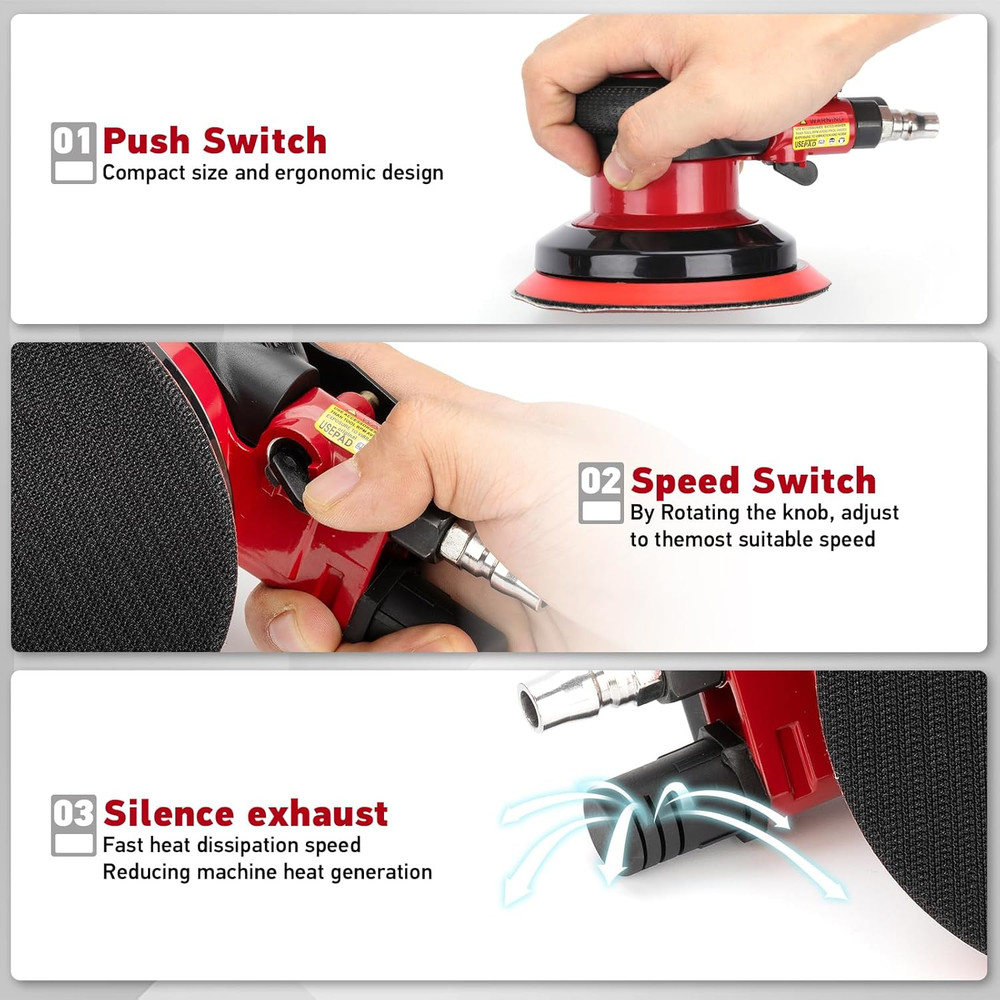 Professional 6" Dual Action Random Orbit Air Sander, Pneumatic Palm Sander, Low