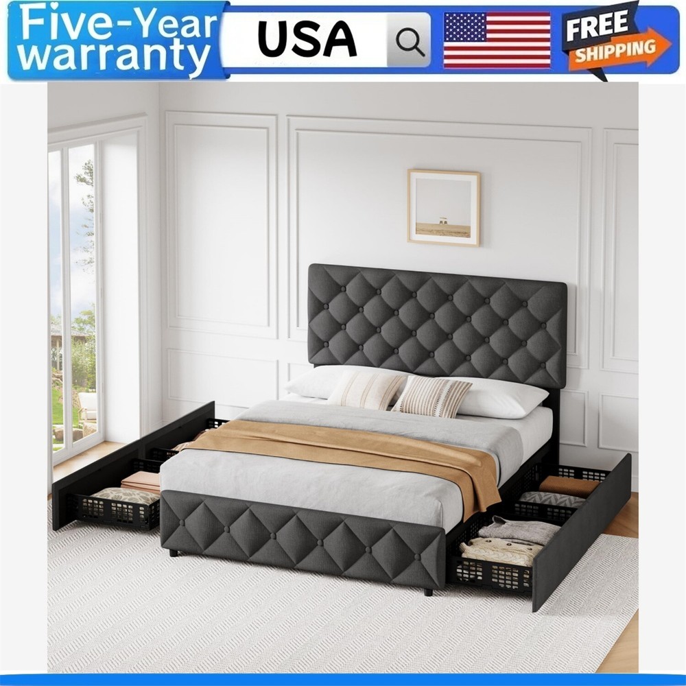 Queen Size Bed Frame with 4 Storage Drawers and Headboard Upholstered Platform