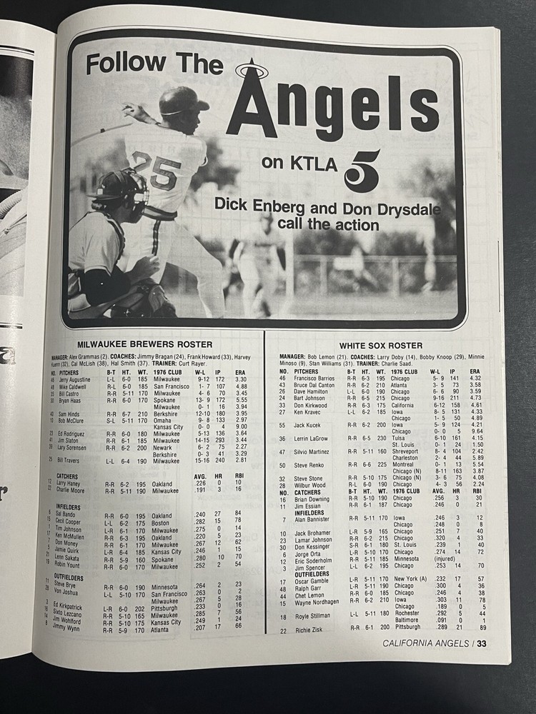 1977 California Angels Scorebook Program Nolan Ryan WIN Sept 5-11th