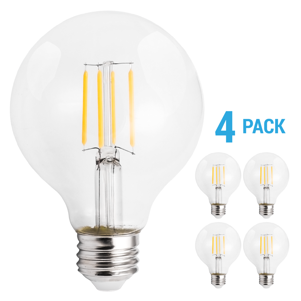 4 Pack LED Filament Globe 5.5W =60W 120V G25 Medium E26 Clear 5000K Bright White