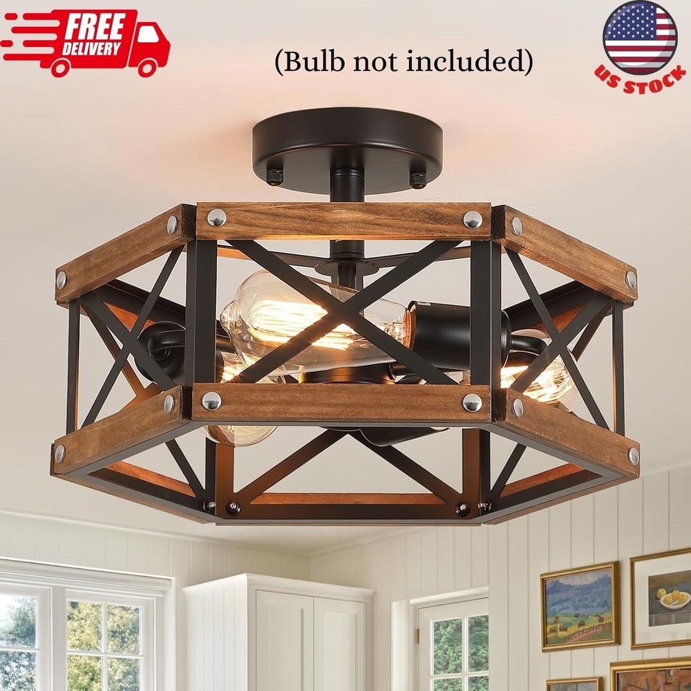 3-Light Rustic Farmhouse Wood Flush Mount Ceiling Light Fixture 14.5 inch