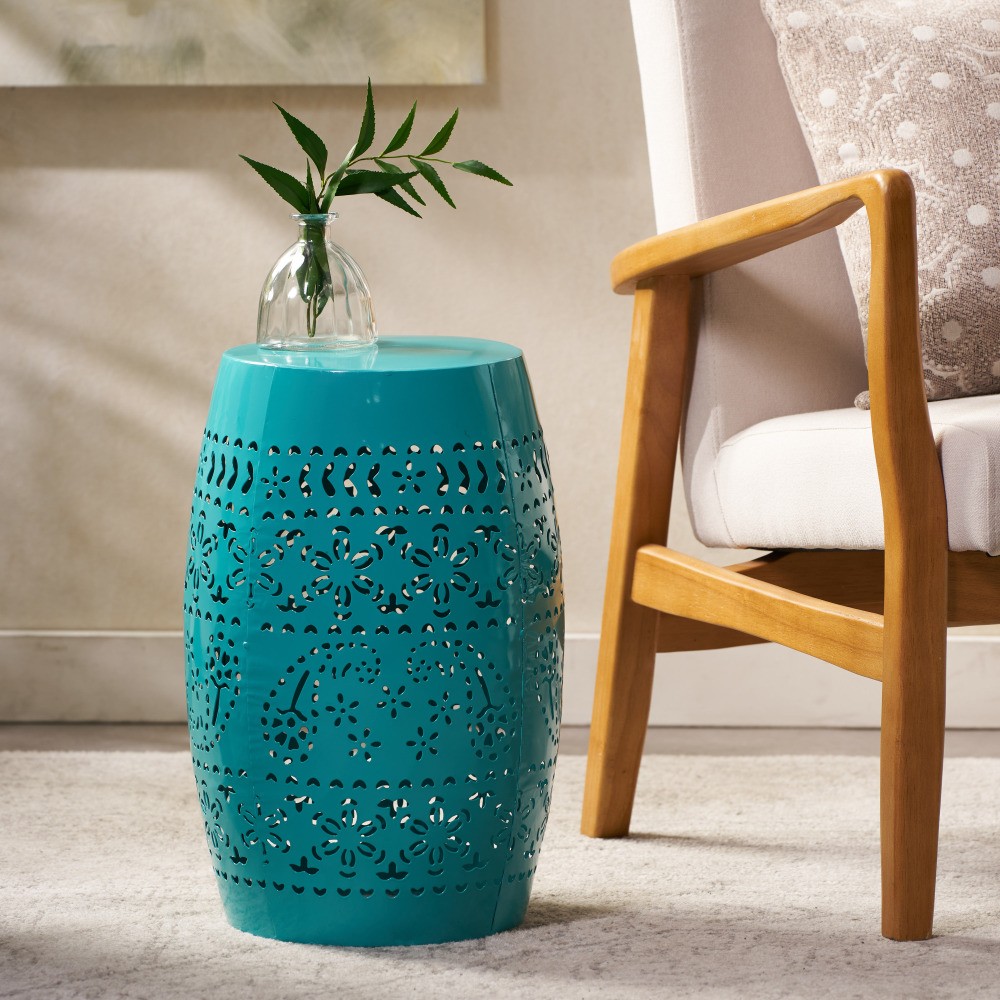 Home Ruby Outdoor 12" Iron Side Table, Teal