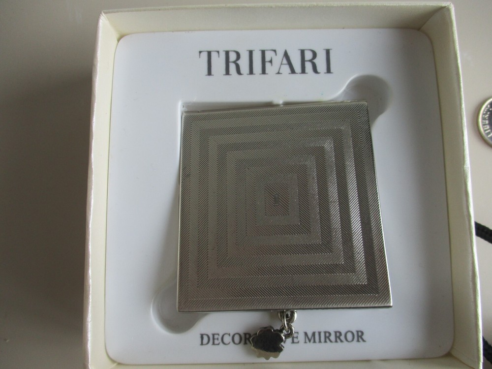 "T" Initial Trifari Silvertone Double Sided Decorative Mirror NIB
