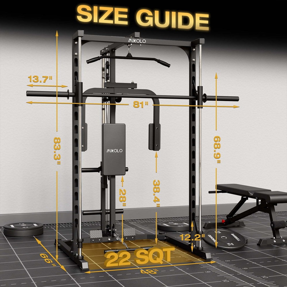 Smith Machine Home Gym Power Rack Pec Deck Lat Pull down w/Bar, Low Row Cable