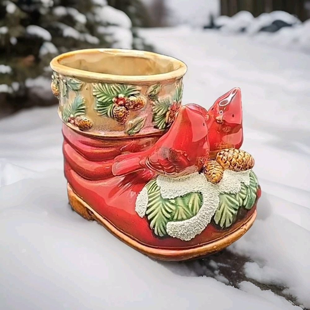 CERAMIC CHRISTMAS SANTA BOOT PINE CONES CARDINAL BIRDS Table Decor
