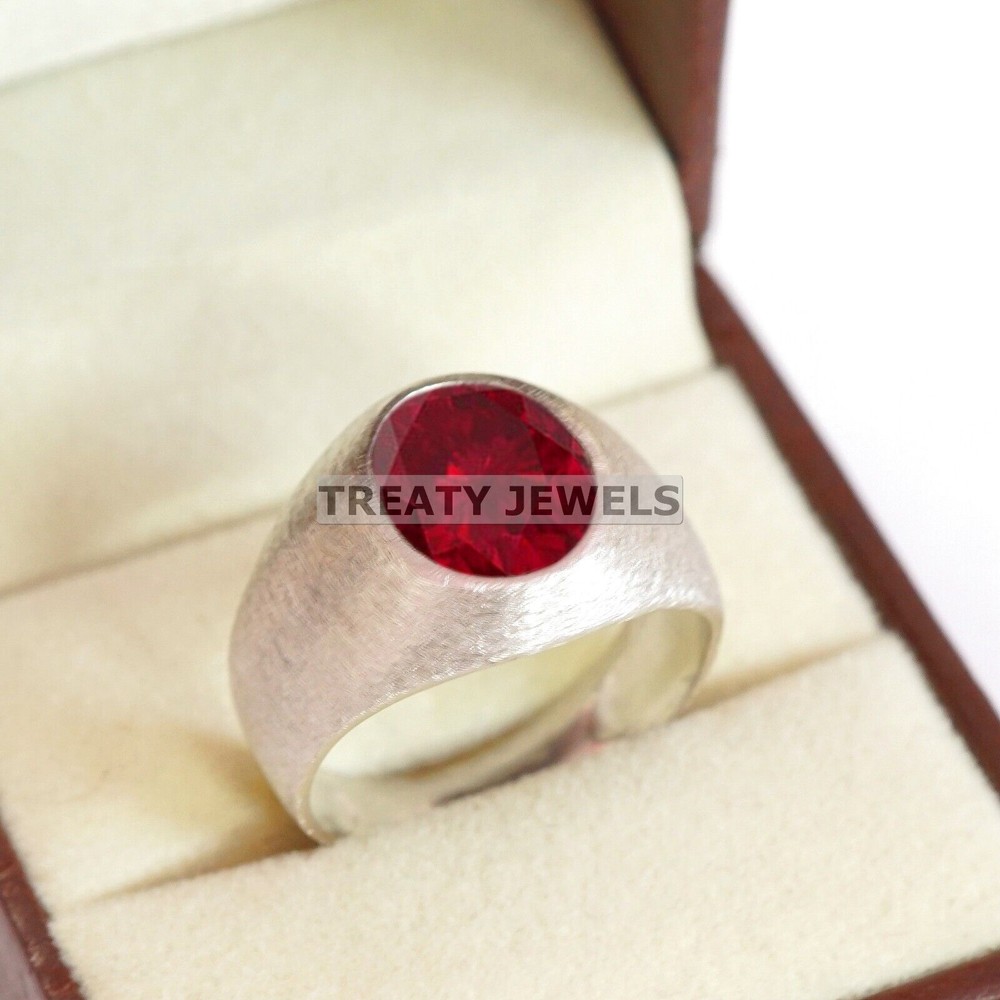 Ruby Oval Cut With 14K Solid White Gold Ring For Men's #B527