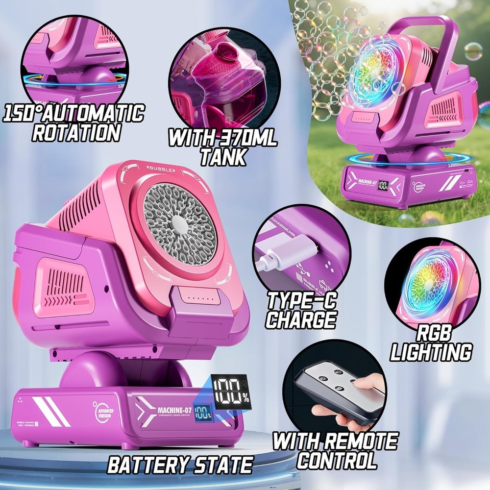 2025 Upgraded Bubble Machine with Remote Control Automatic Rotation & RGB Lig...