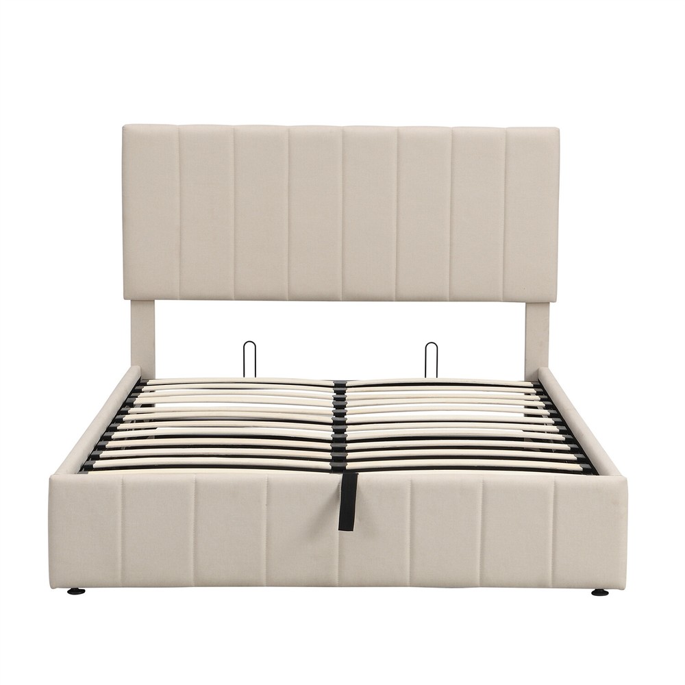 Full Size Upholstered Platform Bed Frame w/ Hydraulic Storage System Beige