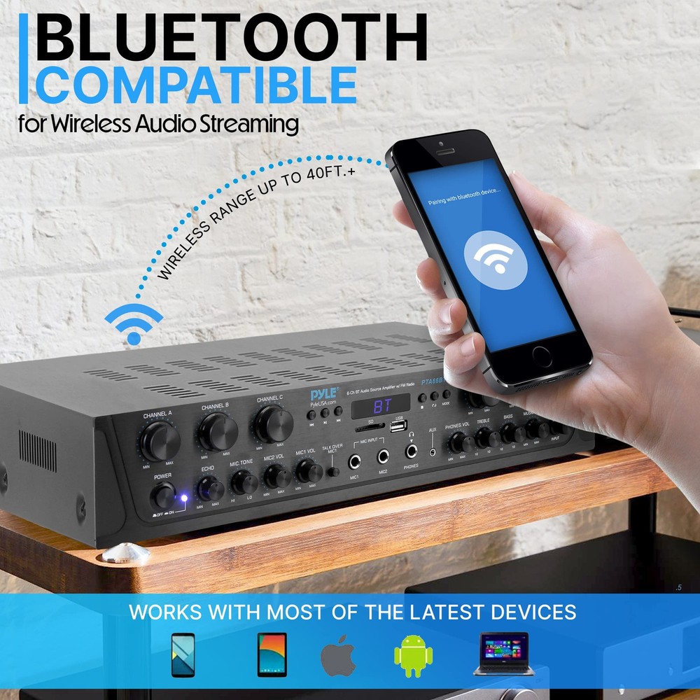 Pyle Wireless Home Audio Amplifier System Bluetooth Compatible 6 Channel