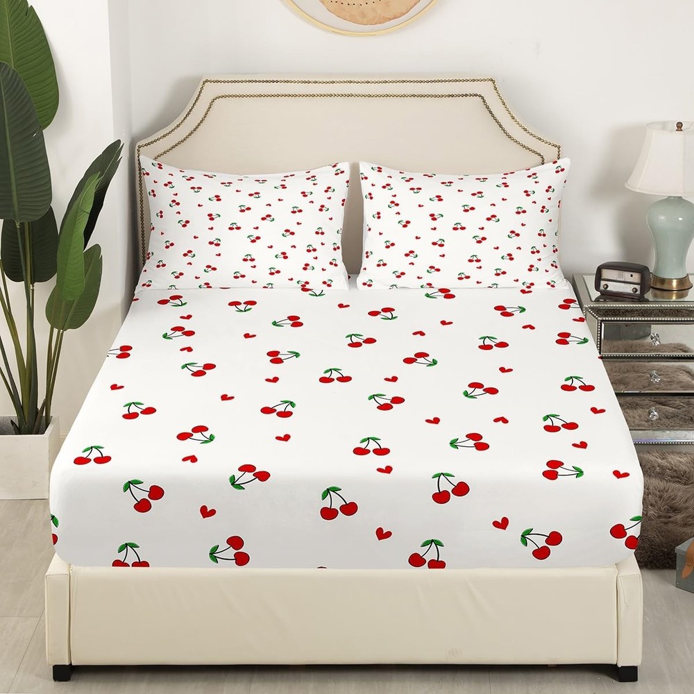 Kids Red Cherry Fitted Sheet Queen Size, Cherry Pattern Bed Sheet Set Boys Gi...