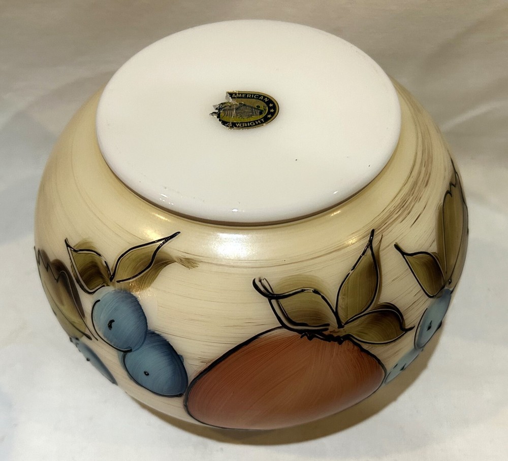 L G Wright Glass Jar Lidded Hand Painted Fruit 6.25" Vintage
