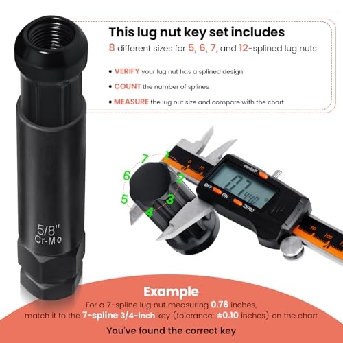 6 Spline & 7 Spline Lug Nut Socket Set, Drive Wheel Lock Key, Locking 8-Pieces