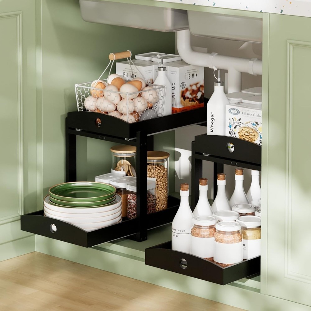 Eco-Friendly Bamboo Under Sink Organizer - 2-Tier Pull-Out with Sliding Drawers