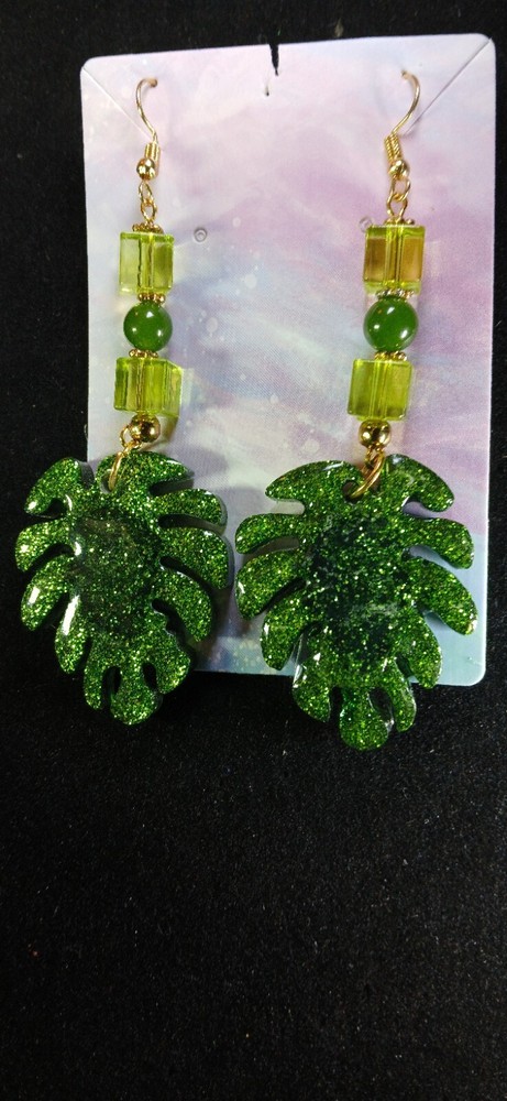 Sparkling Green Leaf Shaped Resin Earrings
