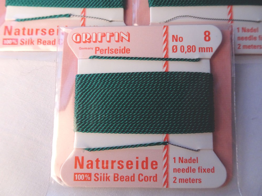THREE Griffin Cards 100% Silk Thread Cords W/Needle Size 8 Green G157 DNG