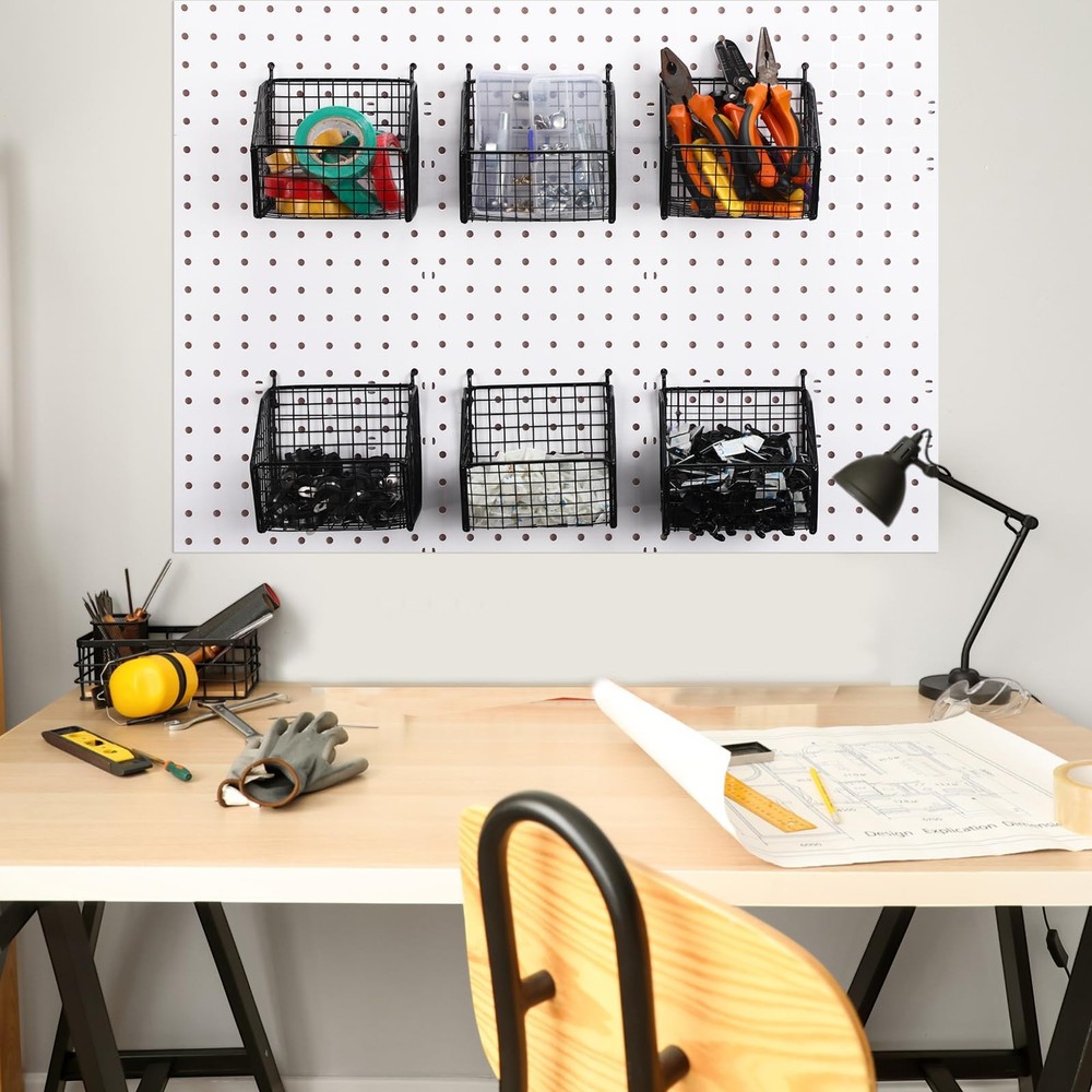 6 Pack Black Pegboard Baskets Metal Wire Shelf Baskets Peg Board Organizer Wa...