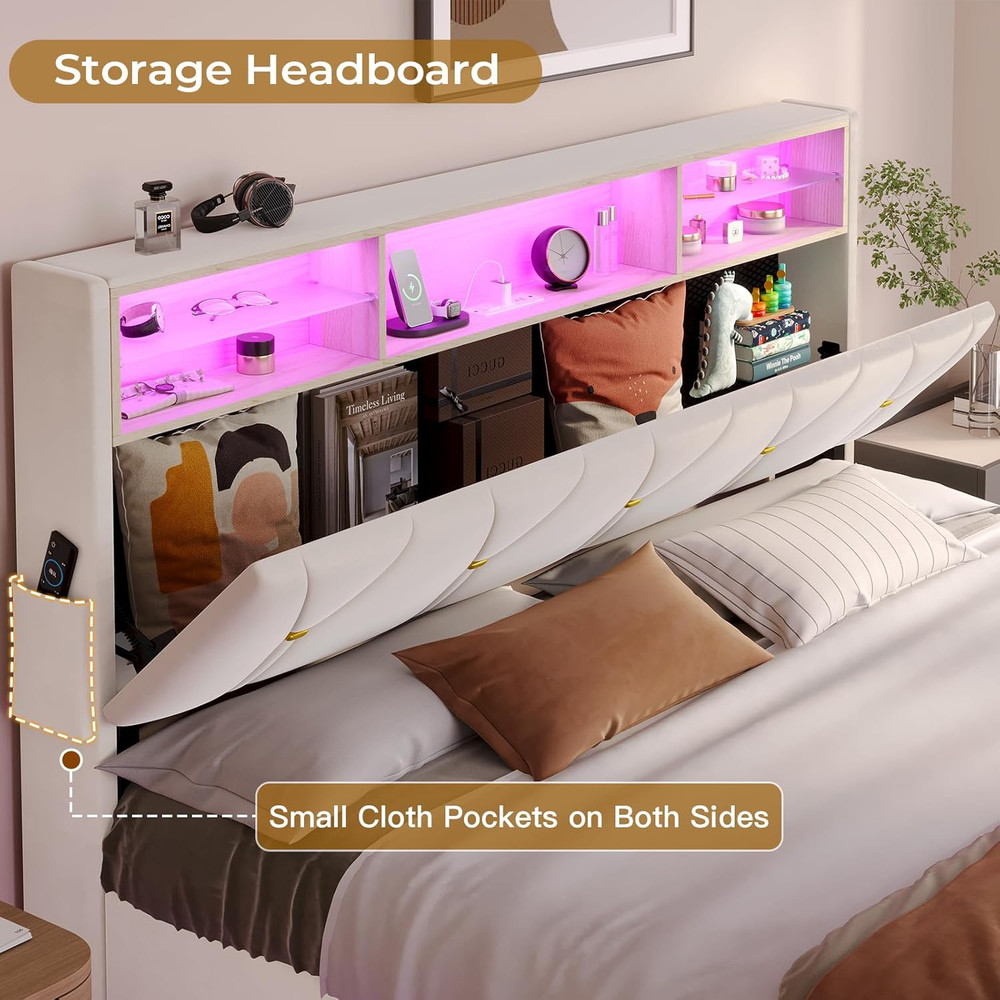 BTHFST Full Size Bed Frame with Headboard Storage & LED Lights, Platform Bed Fra
