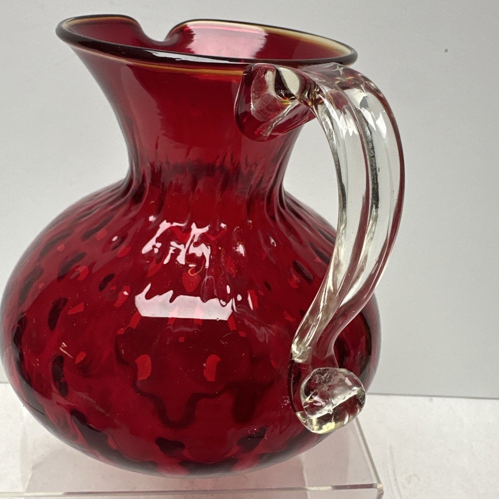 Pilgrim Glass Ruby Red Quilted Optic Pitcher Handle Rim Glows Hand Blown 5”