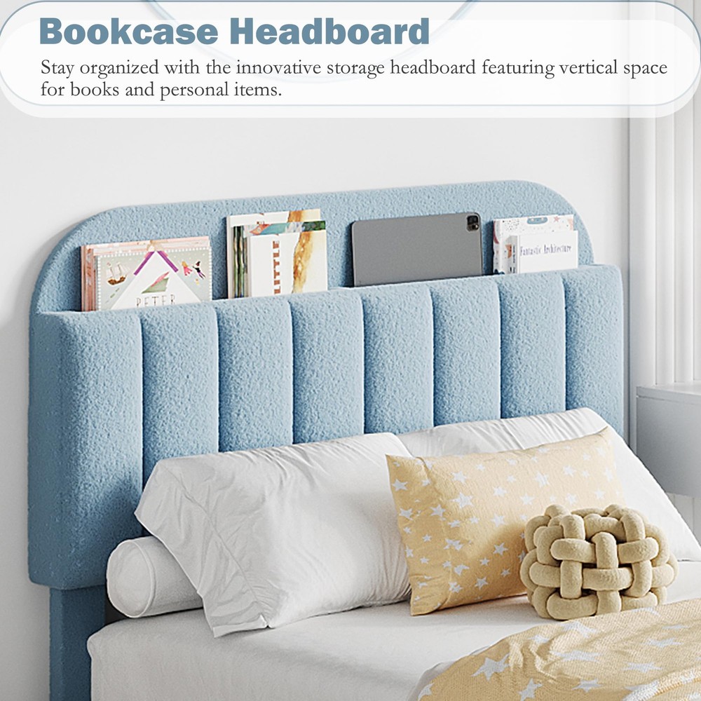 Full Bed Frame Headboard Kids Boucle Upholstered Platform Bed Frame w/ 2 Drawers
