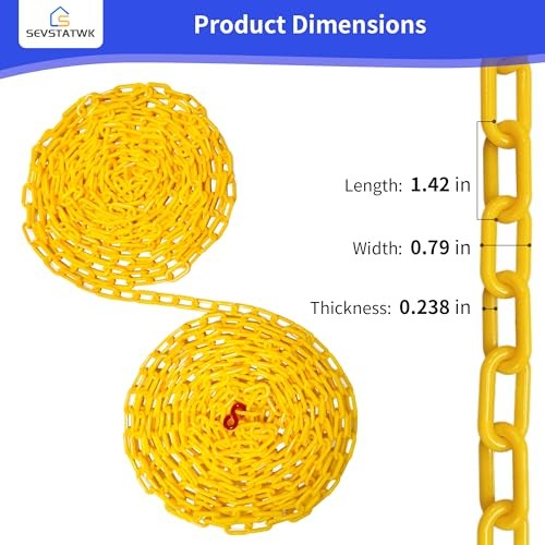 Yellow Plastic Chain 50ft, 1.42" Link, High Visibility Plastic Chain Barrier