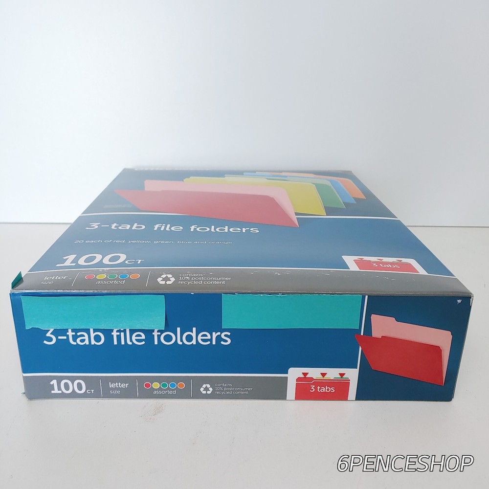 3-Tab File Plastic Folders Assorted Letter Size 100CT
