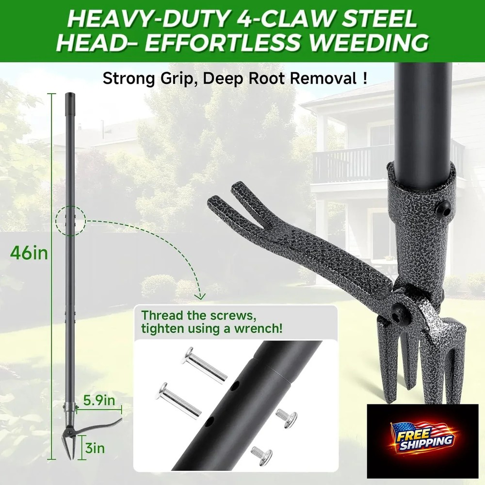 Weed Puller, Stand Up Weed Puller Tool with Steel Long Handle & 4-Claw Steel Hea