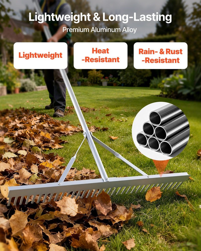 telescoping 102in aluminum rake 36in collection width secure fastener