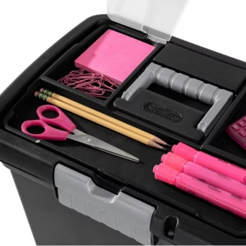 Medium Letter File Box Black: Plastic File Organizer with Handle Clear Cover
