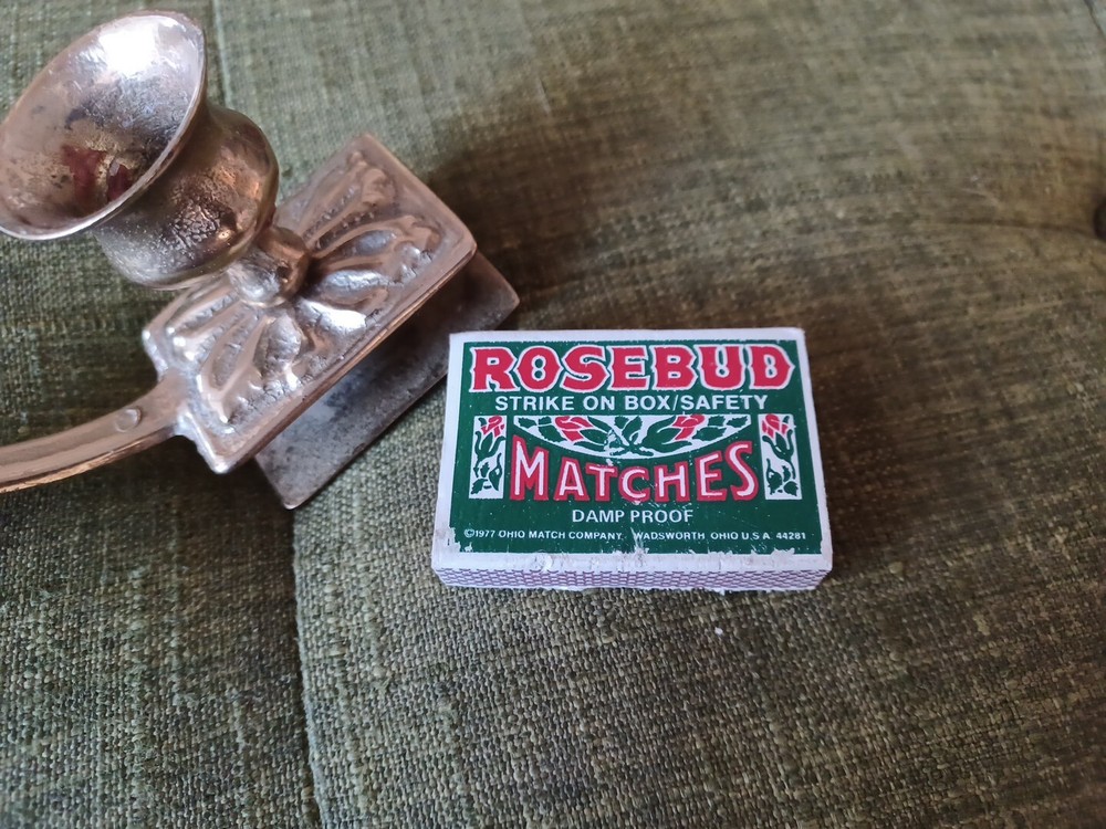 Vintage Hand Held Solid Brass - Candle Stick & Match Box Slot - with Matches