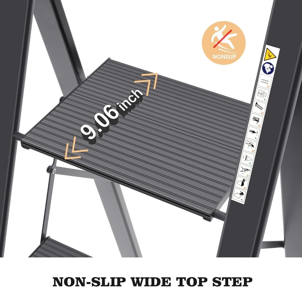 Space-Saving Black Step Ladder with 4 Anti-Slip Steps & Convenient Handrail