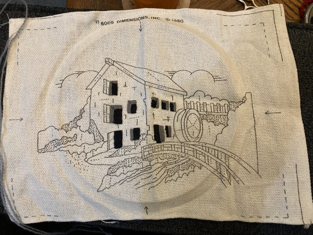 VTG 1980 Dimensions Crewel Embroidery THE OLD MILL kit no instructions/started
