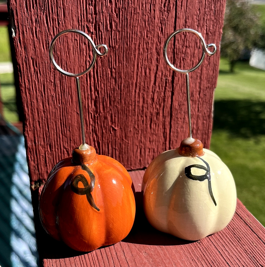 Ceramic Glazed Pumpkin Picture Recipe Note Holder Display Fall Thanksgiving 2-pc
