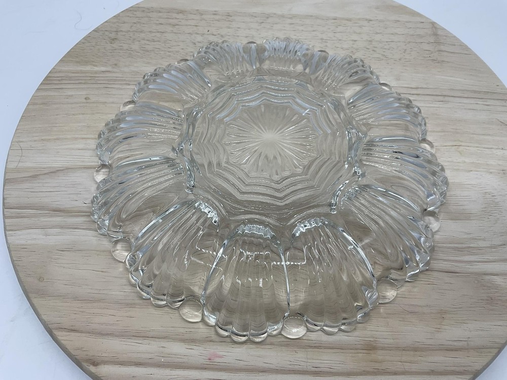 Clear Glass Deviled Egg Platter Round Serving Tray 12 Egg Wells Centerpiece