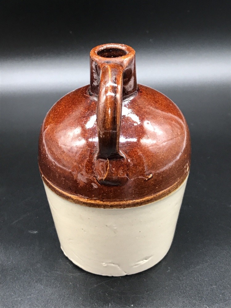 Vintage Rustic Pottery Clay Jug Glazed Applied Handle Brown Tan 5.5”